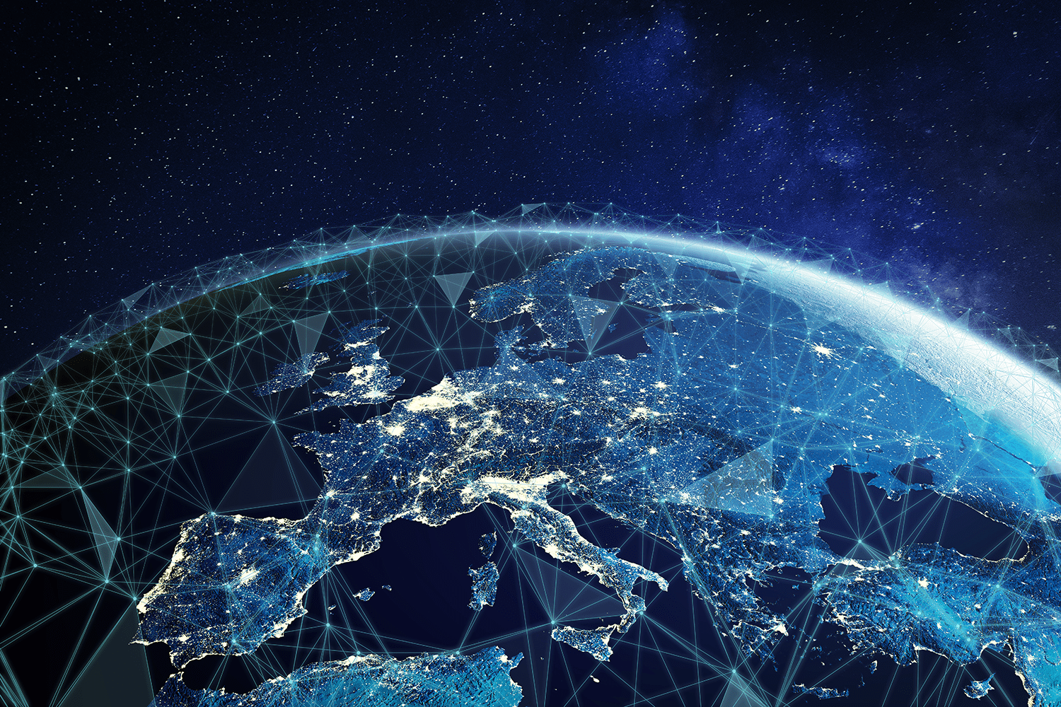 world map viewed from space showing connected networks of cities